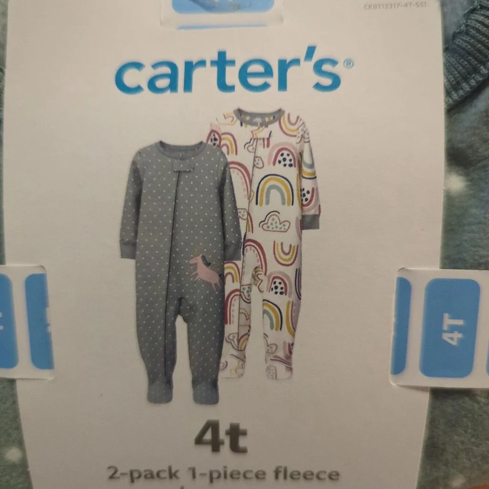 Girls Carter's 2-Pack Fleece Pajama Sets 4T Green White Rainbow - Picture 2 of 3